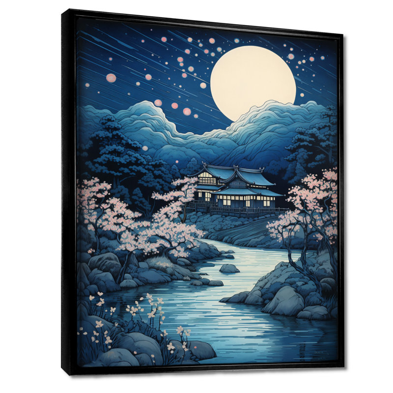 Pleine lune au bord de la rivière - Japon, art mural du salon, Toile noire avec cadre flottant, H 32 po x l 16 po x P 1 po