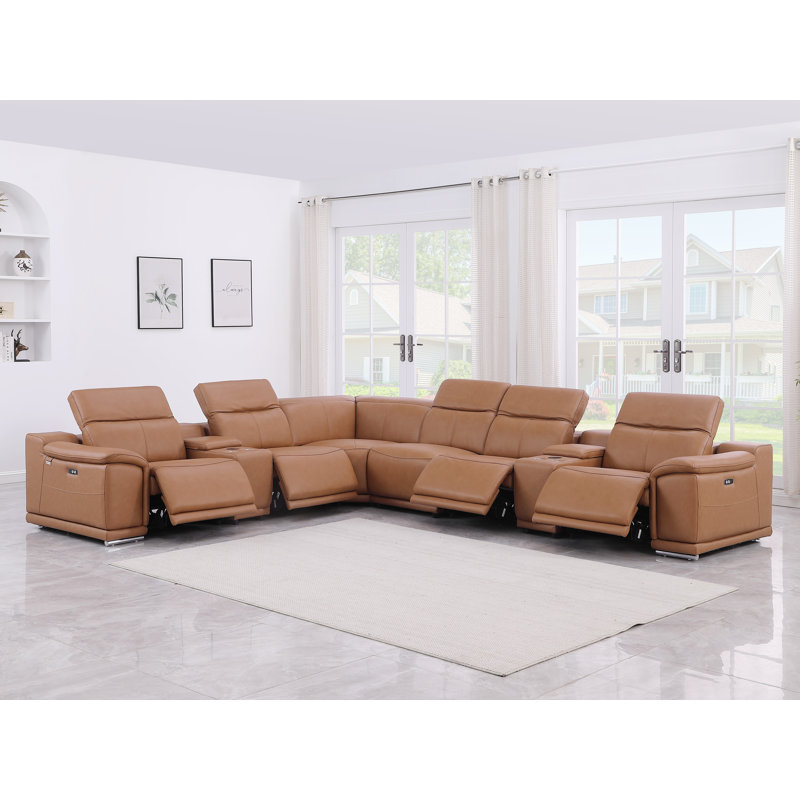 Canapé modulaire inclinable symétrique en cuir italien Guaymas, Cuir véritable cognac