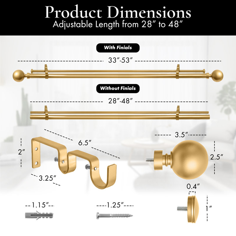 Gold Adjustable Double Curtain Rod with Ball Finials, 28"-48"