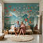 Papier peint floral paysage mural fond bleu sarcelle amovible en couches bleu sarcelle-116442485-116442478
