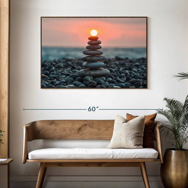 Zen pile au coucher du soleil, 46 po x 31 po, Cadre flottant en noyer