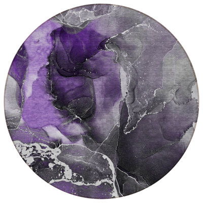 8' Round Gray and Purple Round Abstract Washable Non Skid Indoor Outdoor Area Rug