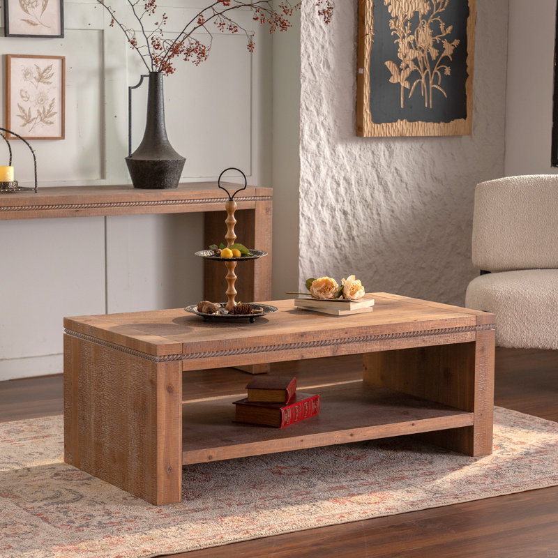 Table basse rectangulaire en bois massif, grande table basse rustique à 2 niveaux avec tablette de rangement, assemblage facile