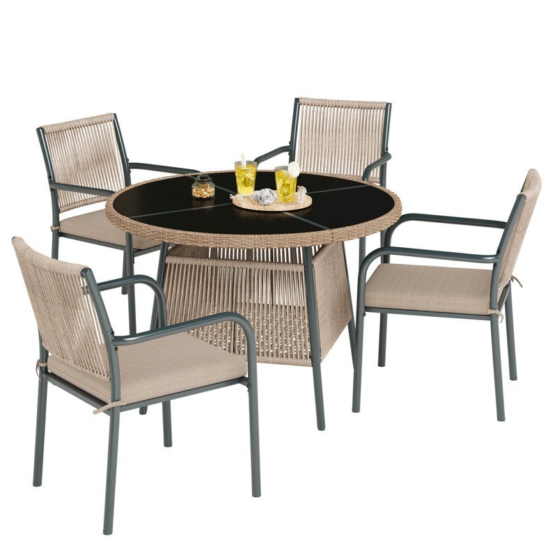 4 - Person Patio Dining Set with Round Table, Black, Grey