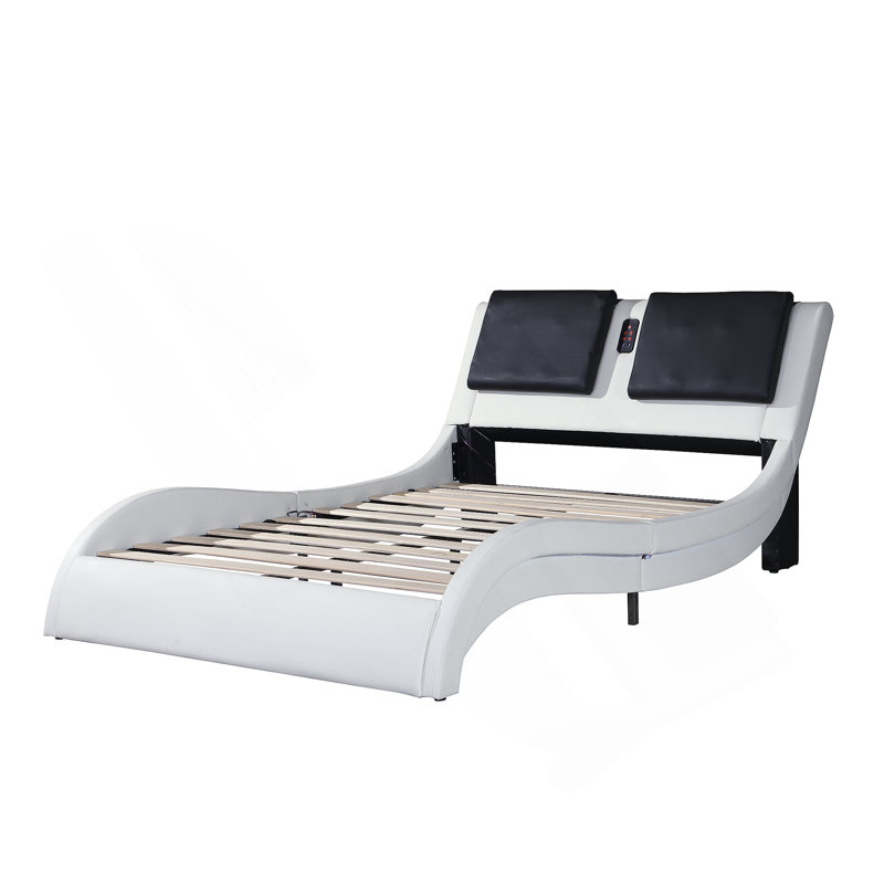 Faux Leather Upholstered Platform Bed Frame with led lighting ,Bluetooth connection to play music /RGB control,Backrest vibration massage,Curve Design, Wood Slat Support, No Box Spring Needed