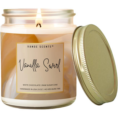  | Bougie parfumée Vanilla Swirl | Durée de combustion de 40 heures | Pot transparent 9 oz avec couvercle doré