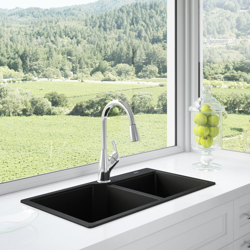 Évier de cuisine à double cuve en granite L 34 po x l 20 po, Onyx