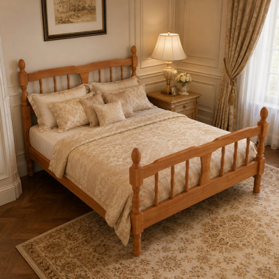 Full Size Wood Platform Bed Frame with Spindle Headboard & Footboard, Slat Support, No Box Spring Needed, Light Walnut