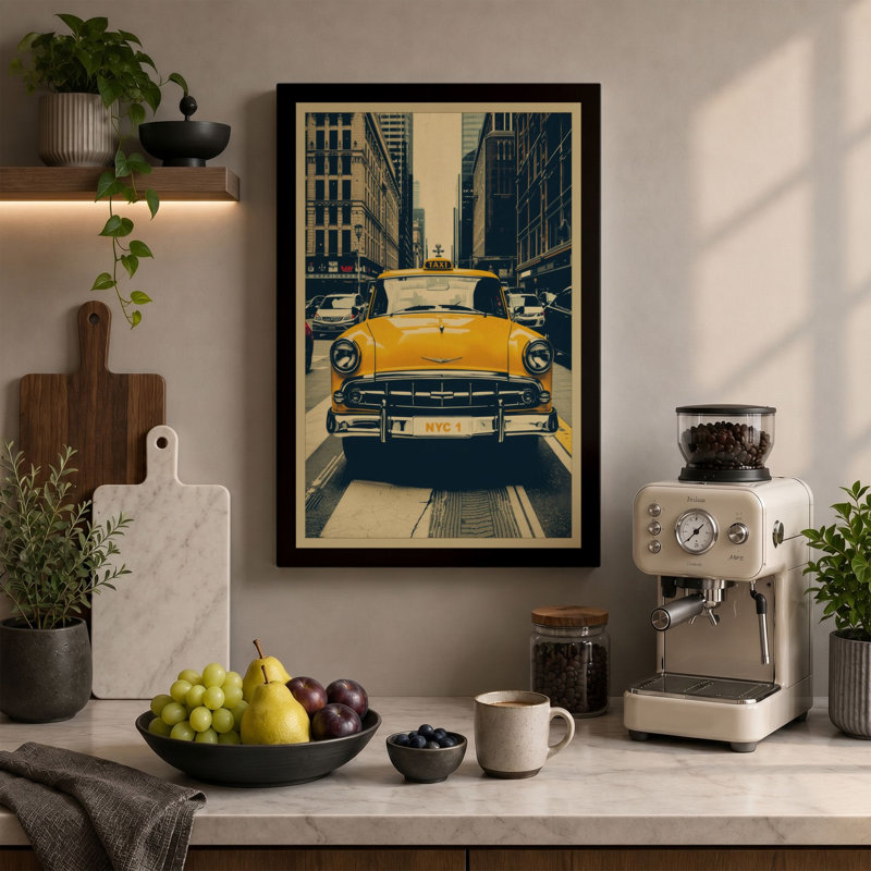 Yellow Car on Urban Street Retro - Wrapped Canvas, 18x12 - 45.7 x 30.5 cm, Teal Border
