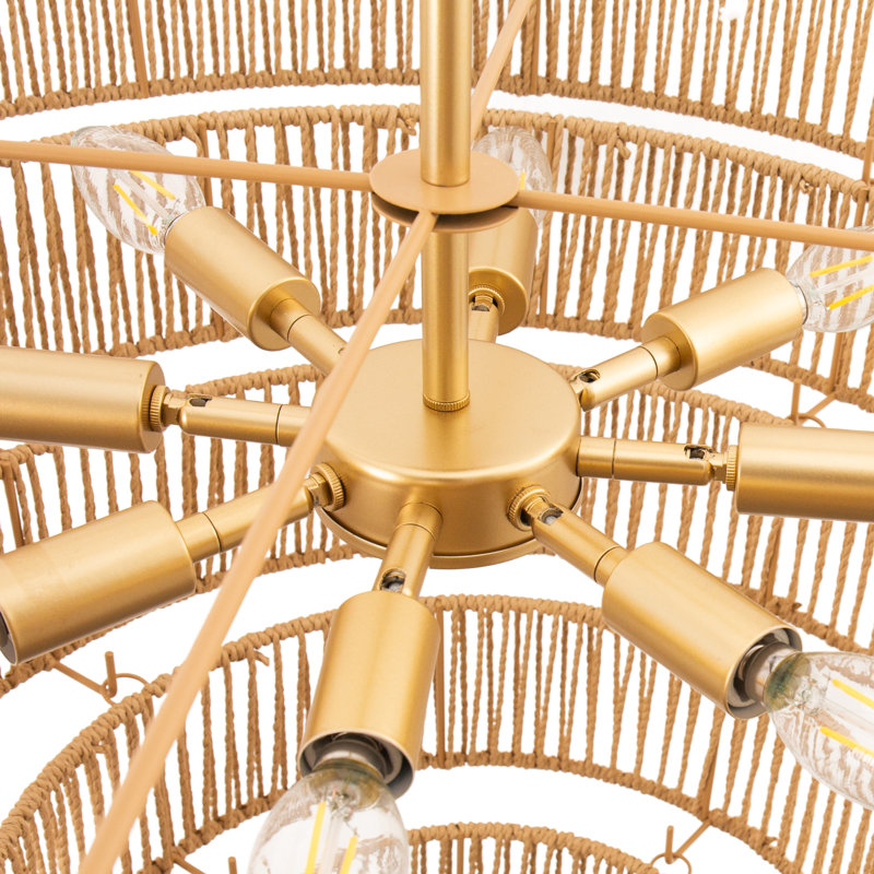 12 - Light Dimmable Hand-Woven Rattan Tiered Chandelier Boho Pendant Lighting