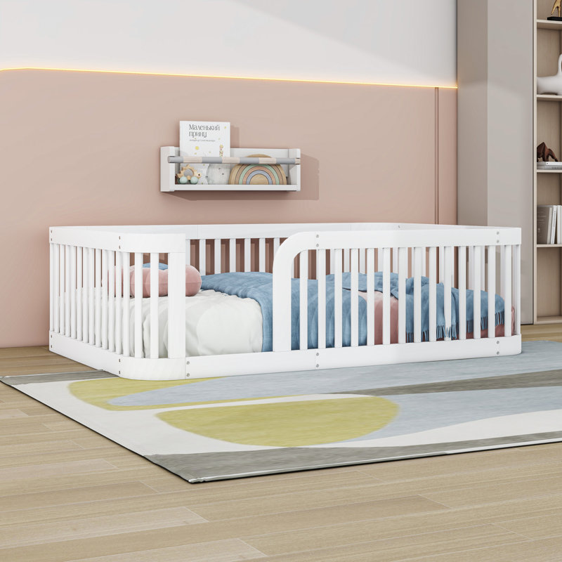 Wood Full Floor Bed Frame With Fence-Style Guardrails, White