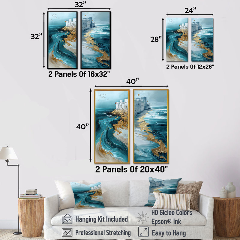 Ensemble de 2 pièces d'art marocain, turquoise et doré, plage d'Essouira I, Toile tendue, H 28 po x l 24 po