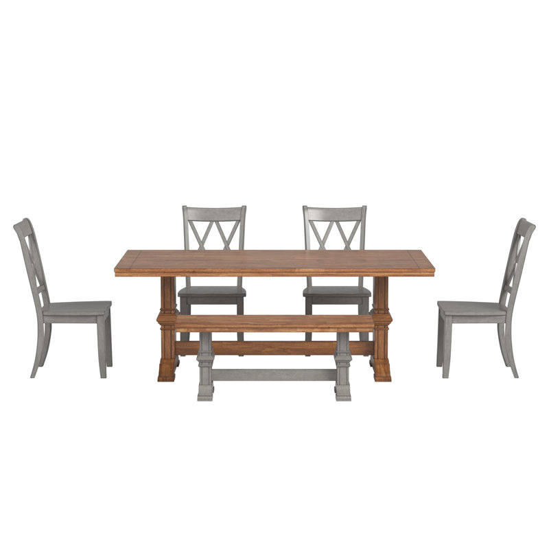 Ensemble de salle à manger Sloan Richfield 7 pièces, plateau en chêne massif, chaises à dossier croisé, table à piètement en chêne, chaises et banc à piètement gris antique.