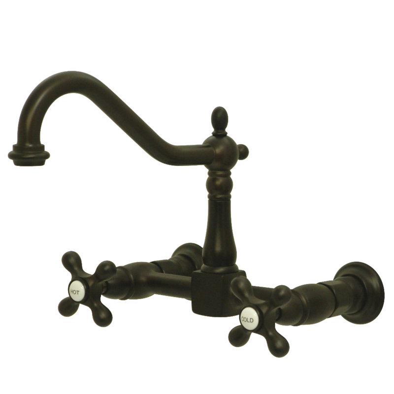 Kingston Brass Heritage Double-Handle Wall-Mount Bridge Kitchen Faucet, Oil Rubbed Bronze, Without Side Spray