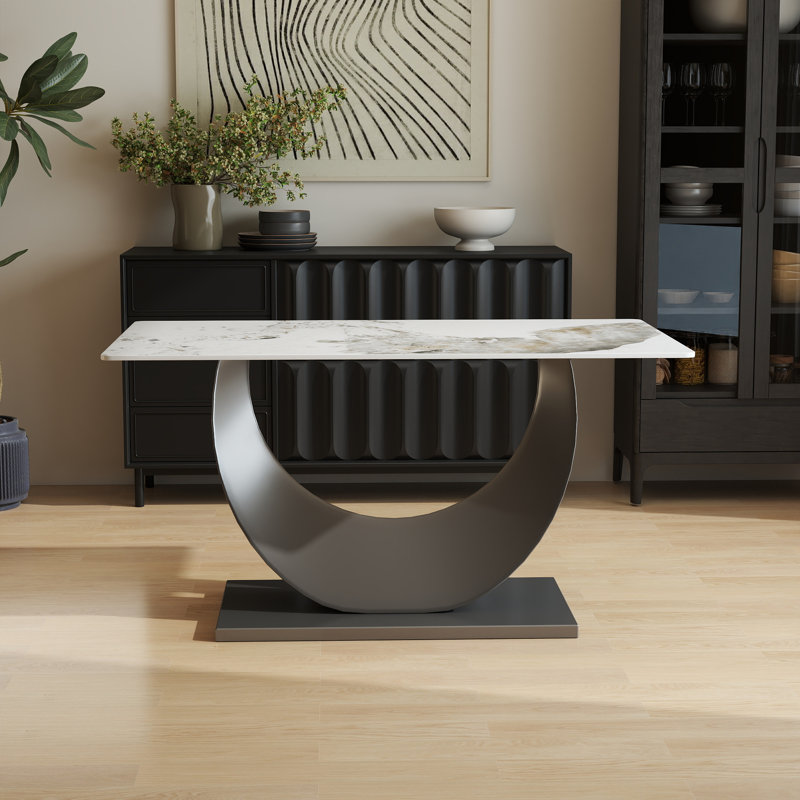 Table de salle à manger rectangulaire moderne en pierre frittée avec base piédestal, H 29,21 po x L 55,11 po x l 31,5 po