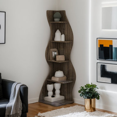 Modern 5-Tier Corner Bookshelf, Freestanding Display Storage Bookcase and Shelf Organizer for Living Room and Home Office