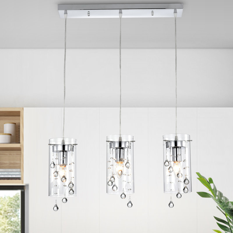 Luminaire suspendu de forme cylindrique avec des accents en cristal pour îlot de cuisine à 3 lumières Isabel