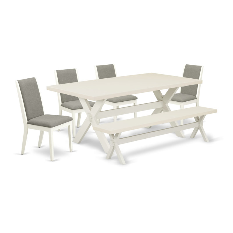 Bonelli 6 - Person Solid Wood Top Trestle Dining Set, Wirebrushed Linen White, Shitake