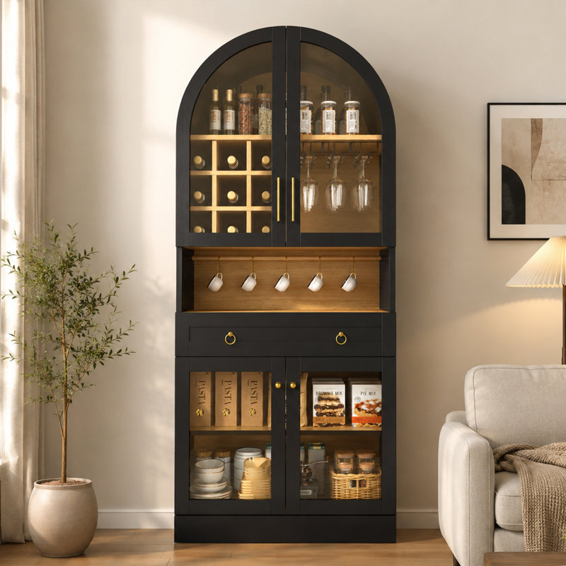 Meuble-bar arqué de 70 pouces avec casier à vin, porte-verres et tablette ajustable, Black