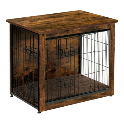 Dog Crate Furniture With Cushion, Wooden Kennel Table With Double Doors, Indoor Dog House, Small/Medium/Large/Extra Large Size, 27.2" L, Rustic Brown