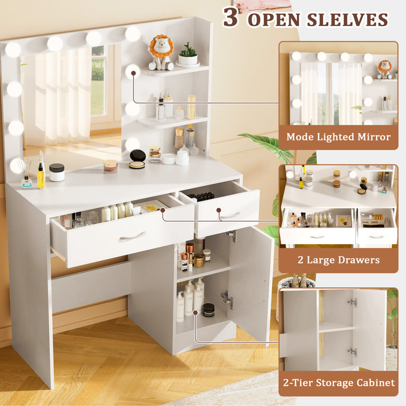 Make-up Vanity Table with Light Bulbs and Curved Handle, white