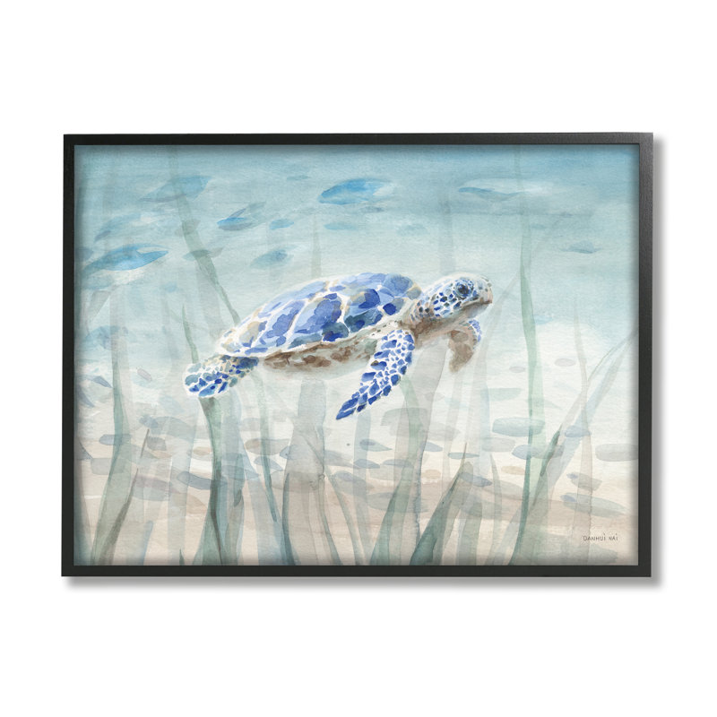Baby Sea Turtle Blue Speckled Aquatic Animal Ocean Oversized Black Framed Giclee Texturized Art by Danhui Nai, 16" H x 20" W