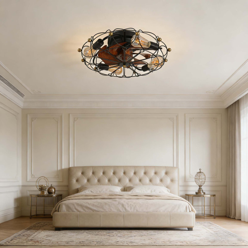 20 in. 4-Light Boho Black Caged Flush Mount Ceiling Fan with Remote Control