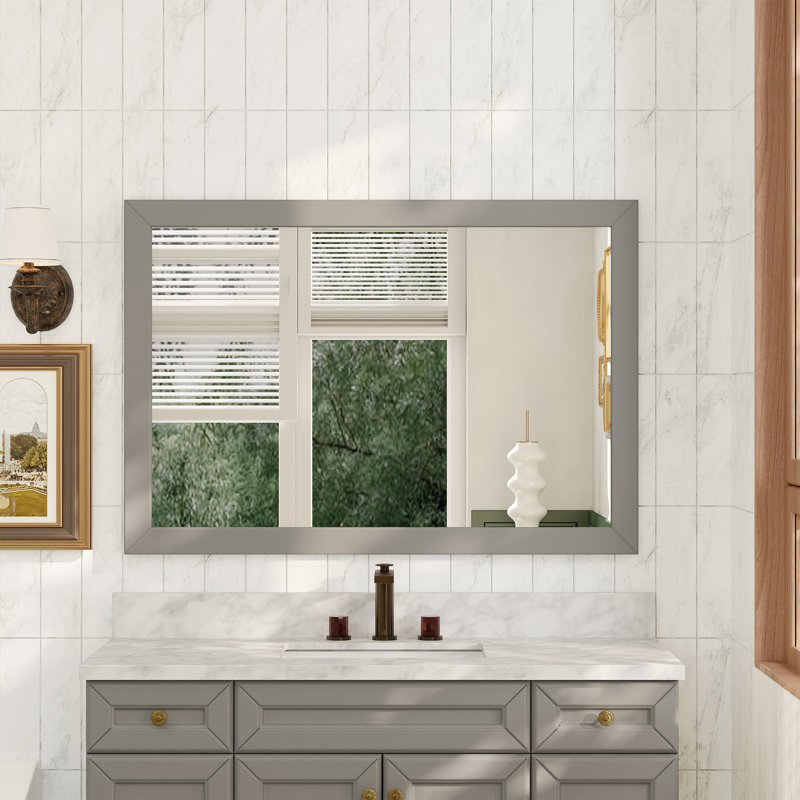 Miroir mural mural en bois massif, miroir droit de salle de bain de 5 mm,, 34 po x 48 po, Gris