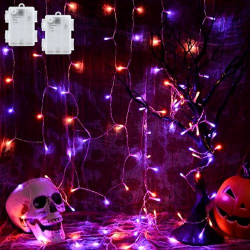 Guirlandes d'Halloween fonctionnant à piles avec minuterie, guirlandes orange et mauves pour l'extérieur 9,8 pi 30 DEL, décorations d'Halloween pour les allées de fête pour l'extérieur