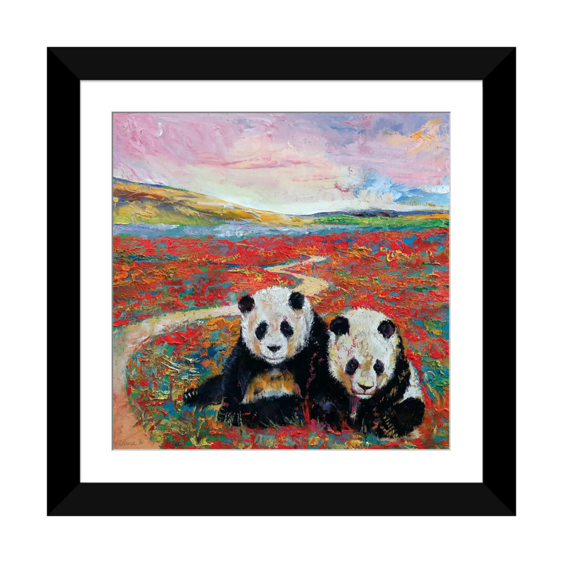 « panda paradise », peinture sur toile tendue, H 16 po x l 16 po x P 1 po, Papier d'art encadré noir, Blanc