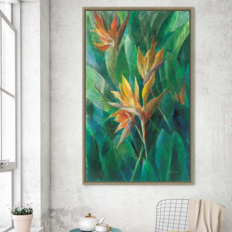 Oiseau du paradis II - Peinture, Cadre flottant champagne, H 63,5 po x l 39,5 po x P 2 po