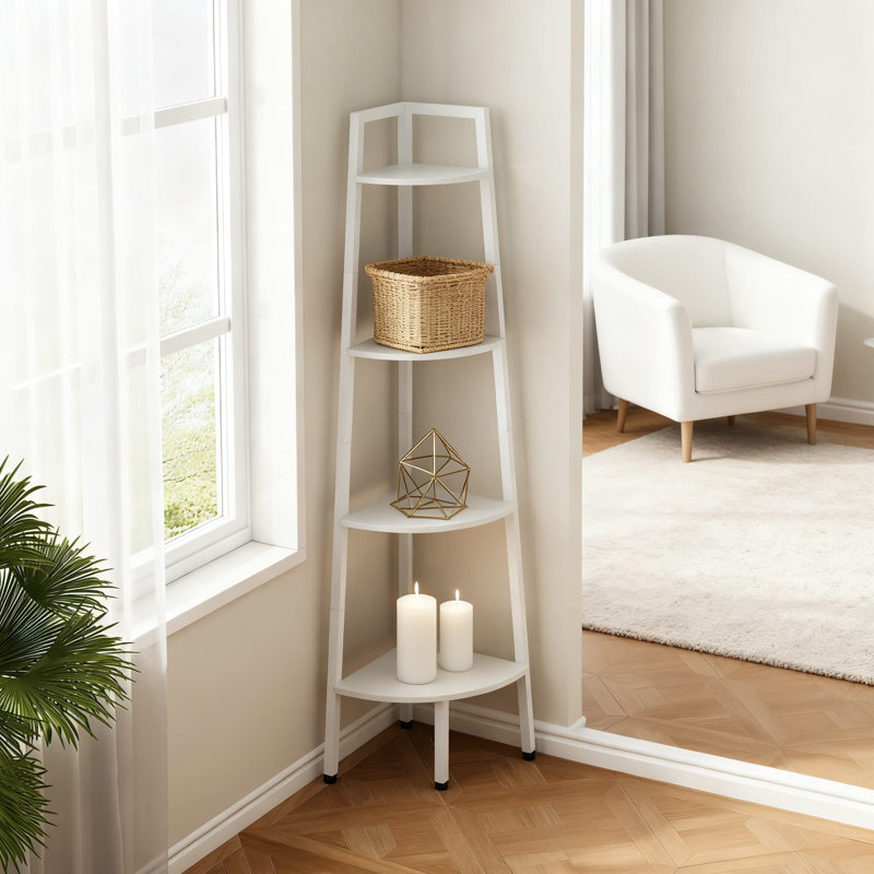 4-Tier Corner Shelf, Industrial Ladder Bookshelf With Metal Frame For Living Room, Bedroom, Home Office And Small Space Storage Display
