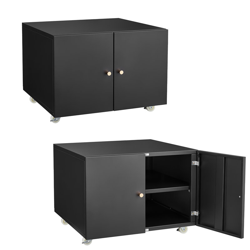 Cabinet mobile avec 2 portes - Support pour imprimante en acier et rangement pour dossiers, Noir, noir, noir, noir