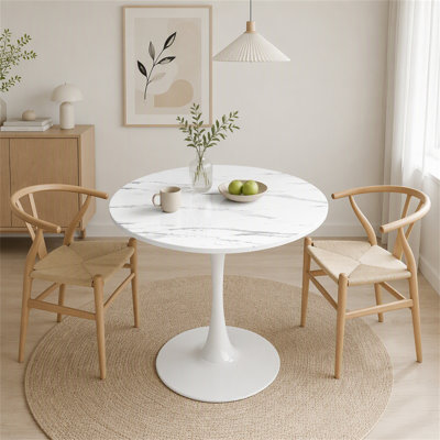 Marble Texture Round Table, Dining Table, Modern Dining Table, Kitchen Table, MDF Top and Steel Base Tulip Round Kitchen Table, Mid Century Coffee Table for Living Room 24 Inch