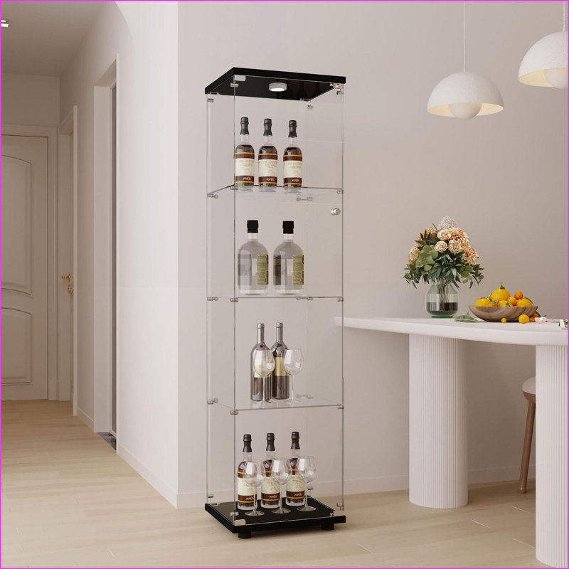 Display Cabinet with Tempered Glass Shelves, Battery-Powered LED Lights &amp; Locking Casters | Black | Minimalist, Black