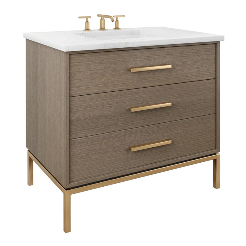 Rift White Oak Three-Drawer Single Bath Vanity, 36", Smoked Modern, Satin Gold