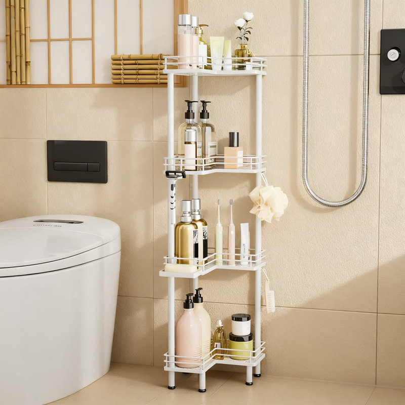 Organisateur de douche sur pied à 4 niveaux avec porte-savon et crochets, tablette de salle de bain en acier inoxydable de grande capacité pour le rangement de la douche