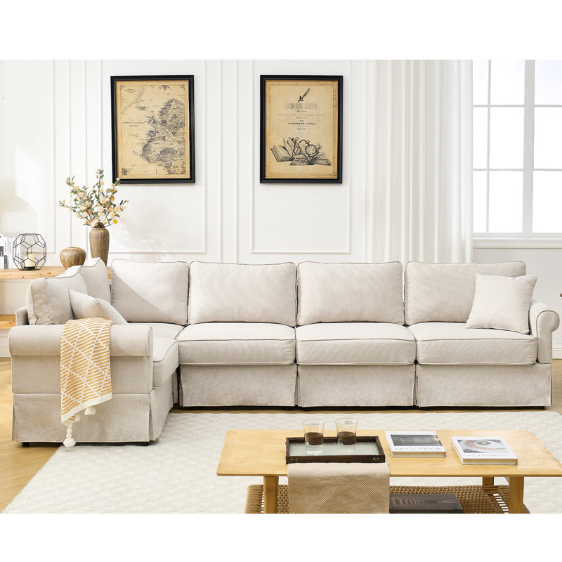Canapé modulaire convertible de 5 places en forme de L beige recouvert de tissu doux et de fabrication en forme de canapé, coussins réversibles à accoudoirs roulés mi-moelleux