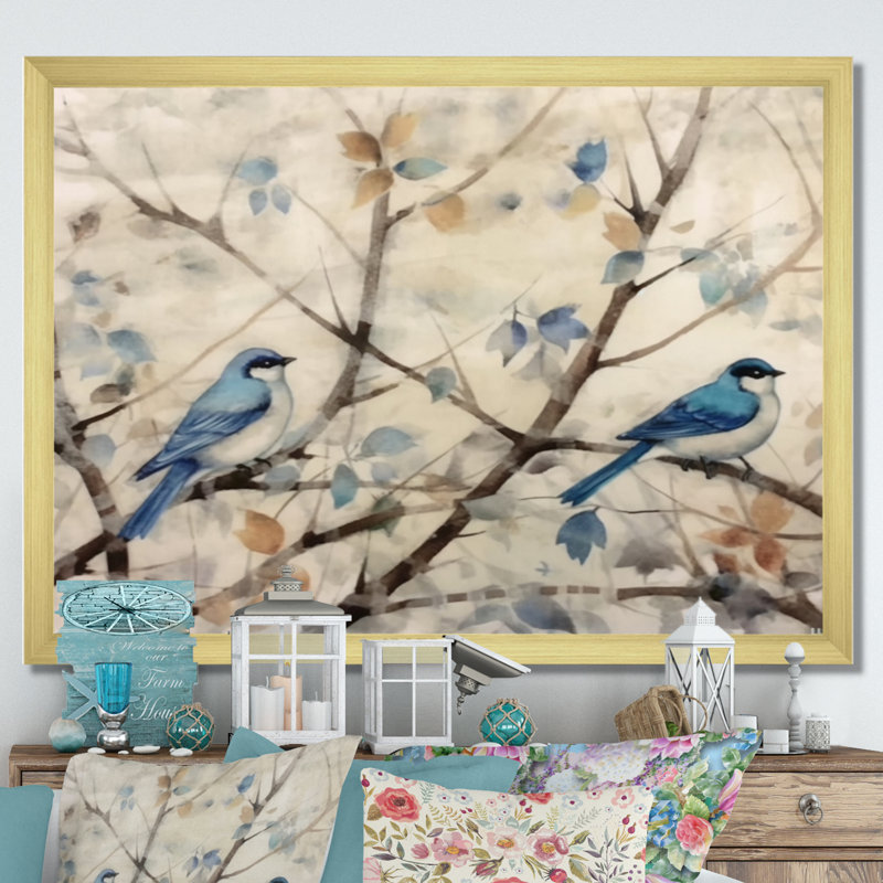 Bluebird Serenade, peinture à l'eau rétro I - oiseau, art mural, H 12 po x l 20 po x P 1 po, Encadrement doré