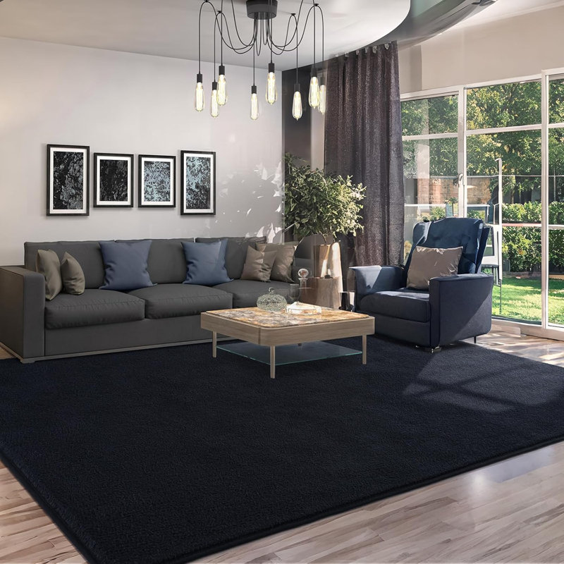 Rectangle Mardena Solid Color Machine Tufted Shag Microfiber Area Rug in Black, Rectangle 5' x 8'