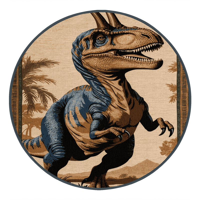 Tapis brun dinosaures lavable à la machine, Rond 7 pi