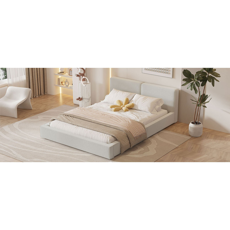 Lit plateforme tapissier avec tissu en velours, lit au sol avec structure solide, Beige