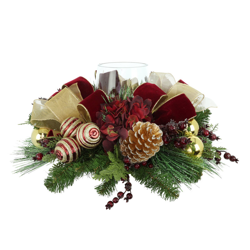 Jiair Hydrangea Holiday Evergreen Centerpiece with Pinecones, Ornaments, Berries and Glass Vase