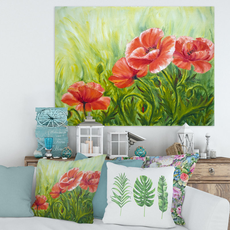 «Red Blossoming Poppies III», peinture sur toile, H 12 po x l 20 po x p 1 po, Toile tendue