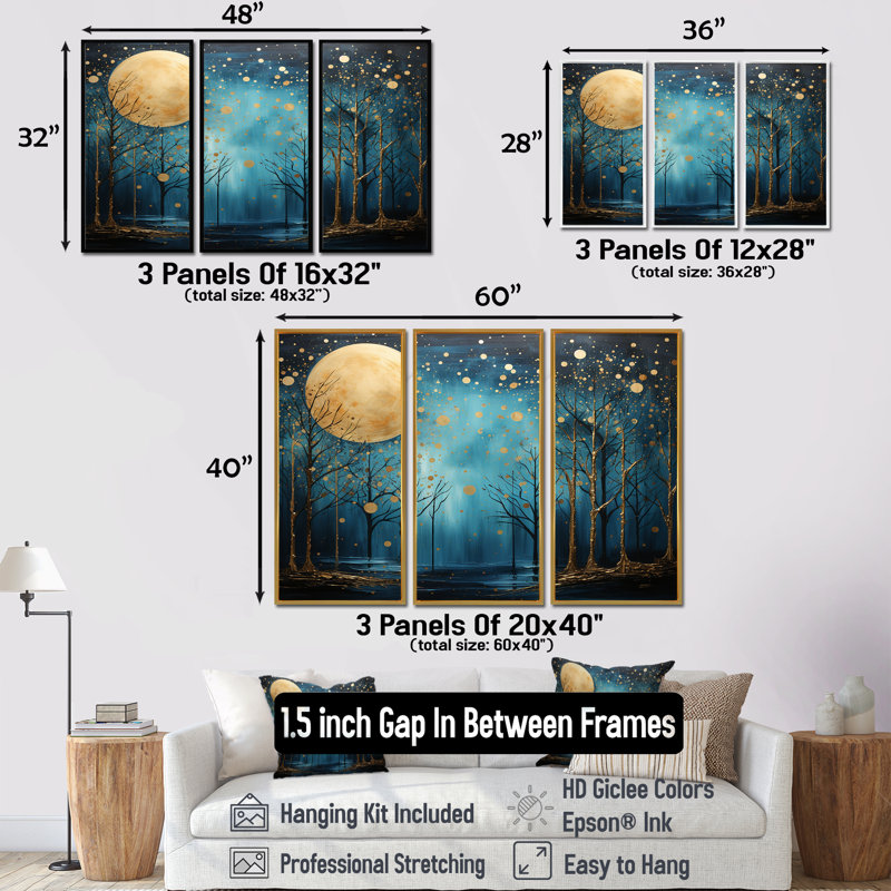 Azure Ascension Moonlight Forest - Moon Wall Decor Set, 32" H x 48" W, Silver Floater Framed
