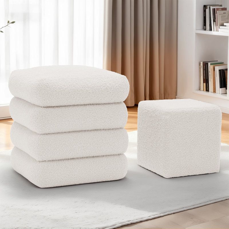 Square Ottoman , Teddy Velvet Upholstered Ottoman With Storage， Ottoman for Living Room and Bedroom(set of 2), Beige