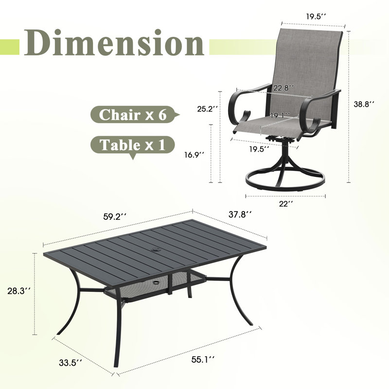 Ensemble repas d'extérieur rectangulaire pour 6 personnes avec chaises pivotantes en polyester enduit de PVC Keppler, Gris