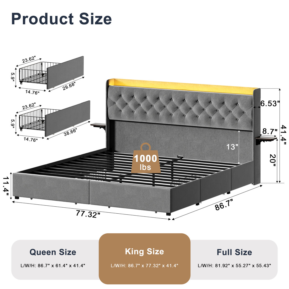 https://assets.wfcdn.com/im/78179458/resize-h1200-w1200%5Ecompr-r85/3597/359799605/+Upholstered+King+Platform+Bed+with+4+Storage+Drawers%2C+Storage+Bed+with+LED+light+%26+Charging+Station%2C+Velvet+Tufted+Headboard+with+Adjustable+Bedside+Tables%2C+No+Box+Spring+Needed%2C+Gray-1047095332-1047095339.jpg