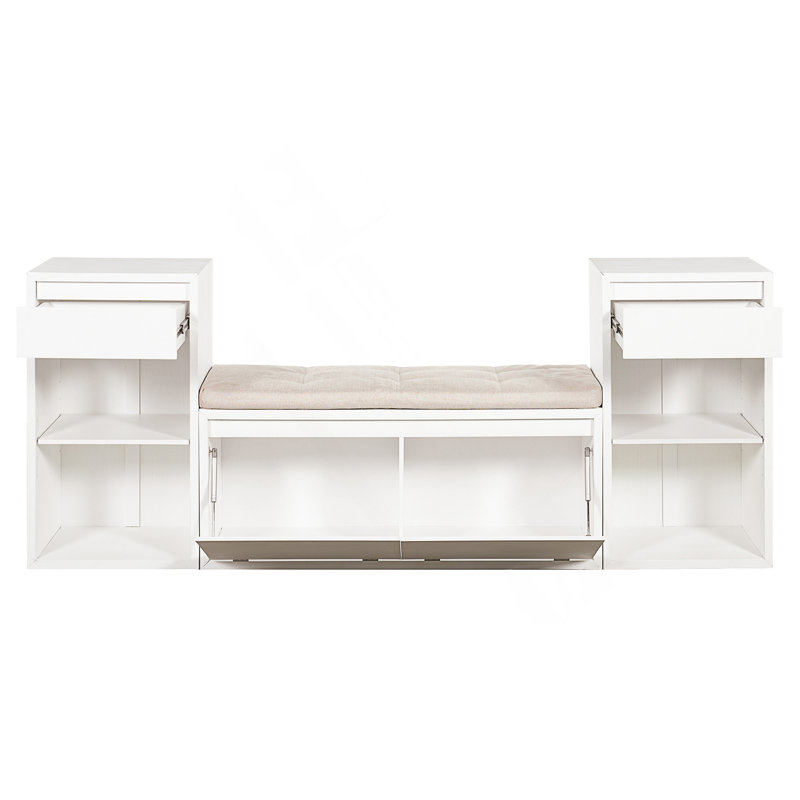Banc de rangement tout-en-un pour entrée avec coussin et compartiments, Blanc