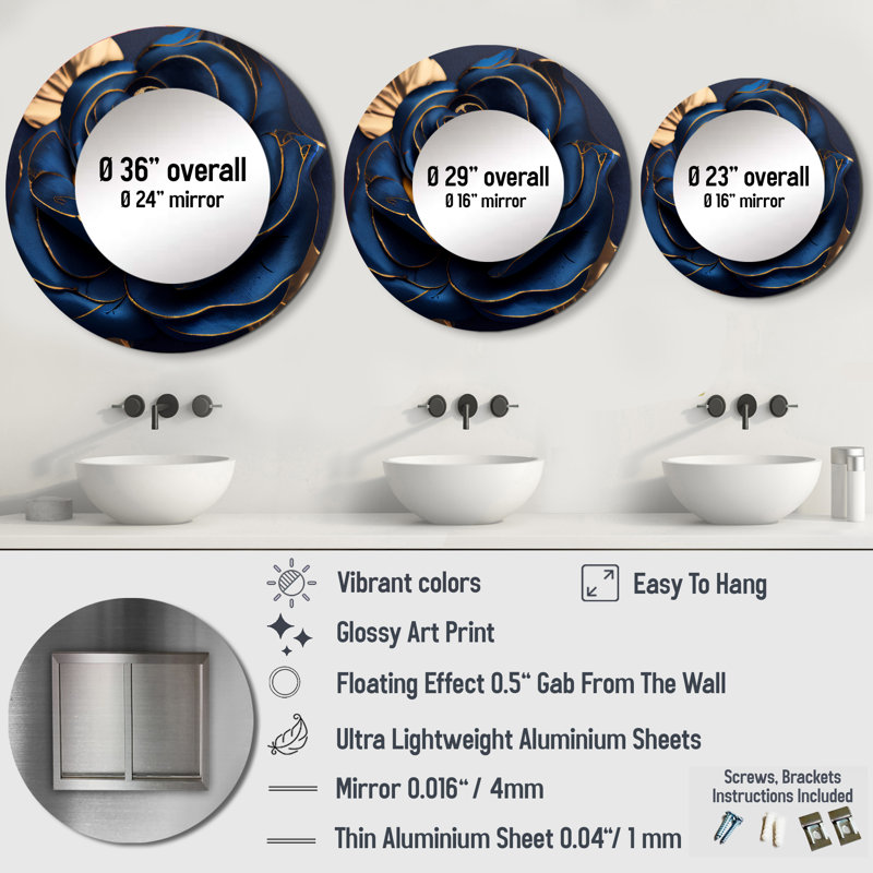 Gilded Rose In Kings Blue III - Rose Decorative Wall Mirror, Blue Round Mirror, Printed Metal Art, 23" x 23"